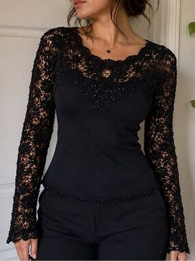 Vintage Basix II Black Lace Beaded Crochet Y2K Goth Fairycore Top Size Small